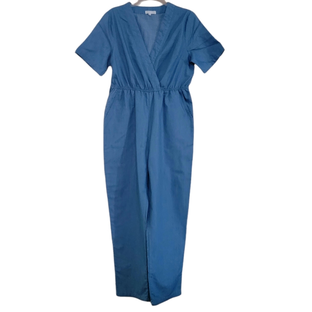 EMORY PARK chambray Jean like Short Sleeve Pant Romper Large